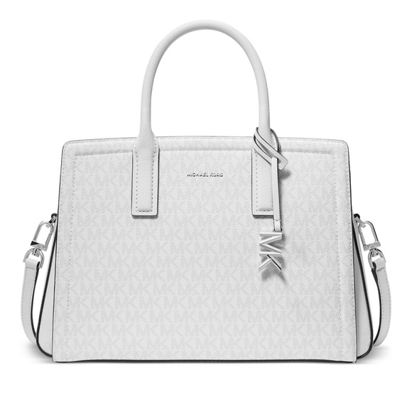 Michael Kors Handbags - MICHAEL KORS Laila Medium Signature Logo Satchel  Color White/Allum